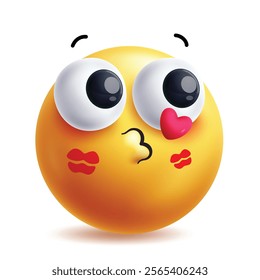 Kiss emoji clipart character. Emoji 3d clipart with flying kiss, love, heart, cute lips, obsessed and attract yellow icon faces isolated in white background. Vector illustration in love yellow round 