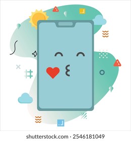 Kiss Emoji Expression on Smartphone Screen - Cheerful Digital Illustration with White Background and Abstract Shapes | Kiss emoji icon design on smartphone screen