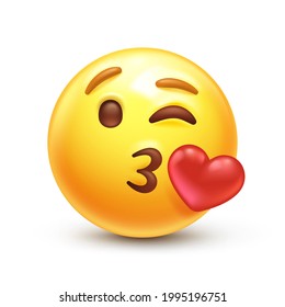 Kiss emoji. Love emoticon with lips blowing a kiss, winking yellow face with red heart 3D stylized vector icon