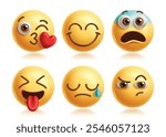 Kiss emoji vector characters set. Lip kiss emojis clip art character with happy, smiling, shock, naughty, cry and eyebrow raised facial expression yellow round collection. Vector illustration lip kiss