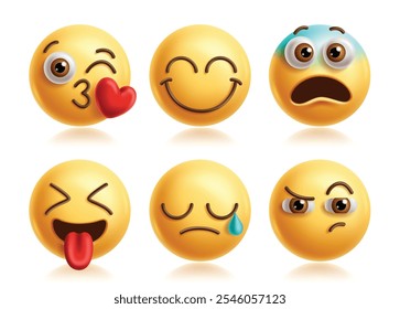 Kiss emoji vector characters set. Lip kiss emojis clip art character with happy, smiling, shock, naughty, cry and eyebrow raised facial expression yellow round collection. Vector illustration lip kiss