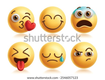 Kiss emoji vector characters set. Lip kiss emojis clip art character with happy, smiling, shock, naughty, cry and eyebrow raised facial expression yellow round collection. Vector illustration lip kiss