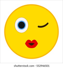 Kiss emoticon with happy eyes in trendy flat style. Red lips emoji vector illustration.