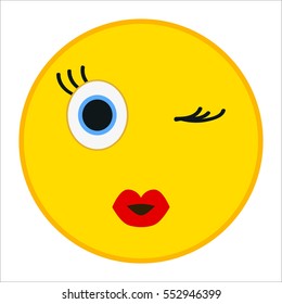 Kiss emoticon with wink eye in trendy flat style. Red lips emoji vector illustration.