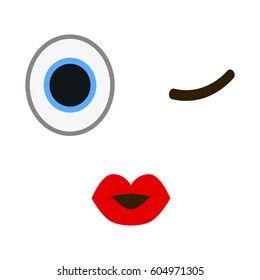 Kiss emoticon with wink eye in trendy flat style. Red lips emoji vector illustration.