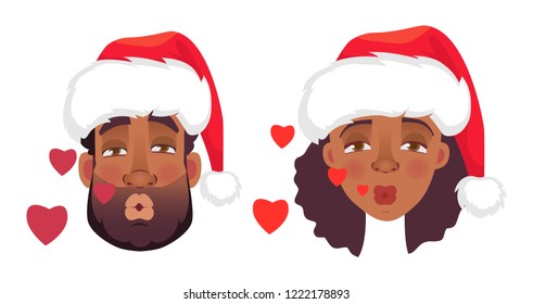 Kiss. Face of African man and woman in christmas hat. Emotions of african american woman face. Facial expression men vector illustration