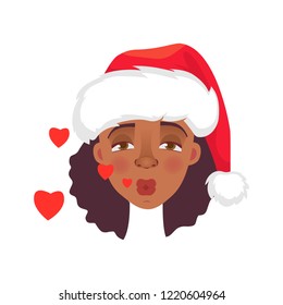 Kiss. Face of African woman in christmas hat. Emotions of african american woman face. Facial expression vector illustration.