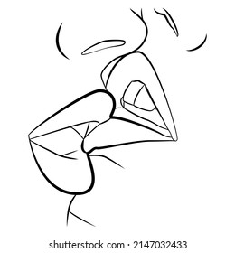 A kiss. The face is a line. Kissing couple. Abstract, modern art. Drawing a single line for use in design.