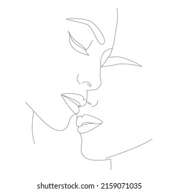 A kiss. Faces are a line. Continuous linear drawing is fashionable minimalist. Minimalist contour drawing.