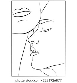 A kiss. Fashionable drawing with linear art. Illustration of a pair of lines in one line. Minimalistic drawing with a black line. A man and a woman line up.