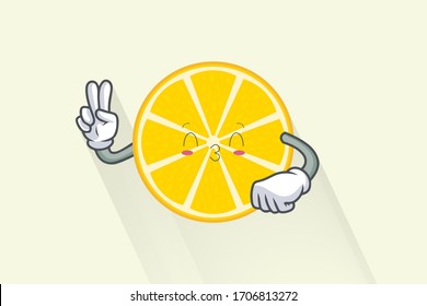 KISS, FLIRTY, KLEINES AUGEN-Gesicht. Peace Finger Gesture. Maskottabilustration. Slice Lemon Fruit Cartoon.