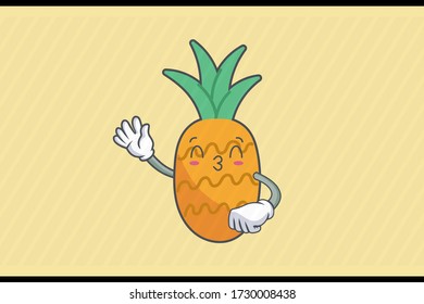 KISS, FLIRTY, SMILING EYE Face Emotion. Waving Hand Gesture. Pineapple Fruit Cartoon Drawn Mascot Illustration.