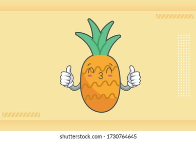KISS, FLIRTY, SMILING EYE Face Emotion. Double Thumb Up Hand Gesture. Pineapple Fruit Cartoon Drawn Mascot Illustration.