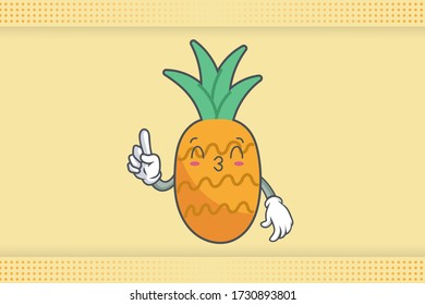 KISS, FLIRTY, SMILING EYE Face Emotion. forefinger Hand Gesture. Pineapple Fruit Cartoon Drawn Mascot Illustration.