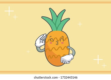 KISS, FLIRTY, SMILING EYE Face Emotion. Salute Respect Hand Gesture. Pineapple Fruit Cartoon Drawn Mascot Illustration.