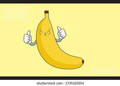 KISS, FLIRTY, SMILING EYE Face Emotion. Double Thumb Up Hand Gesture. Banana Fruit Cartoon Drawing Mascot Illustration.
