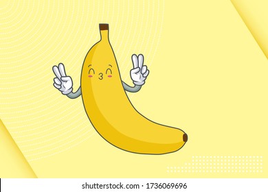 KISS, FLIRTY, SMILING EYE Face Emotion. Double Peace Hand Gesture. Banana Fruit Cartoon Drawing Mascot Illustration.