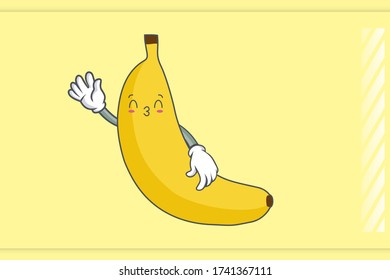 KISS, FLIRTY, SMILING EYE Face Emotion. Waving Hand Hand Gesture. Banana Fruit Cartoon Drawing Mascot Illustration.