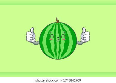 KISS, FLIRTY, SMILING EYE Face Emotion. Double Thumb Up Hand Gesture. Watermelon Fruit Cartoon Drawing Mascot Illustration.