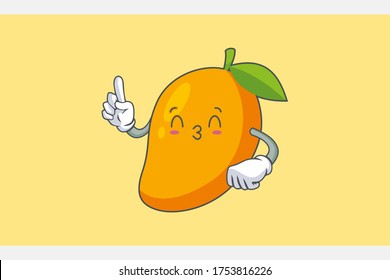 KISS, FLIRTY, SMILING EYE Face Emotion. Forefinger Hand Gesture. Yellow Mango Fruit Cartoon Drawing Mascot Illustration.