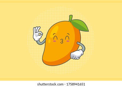 KISS, FLIRTY, SMILING EYE Face Emotion. OK Nice Hand Gesture. Yellow Mango Fruit Cartoon Drawing Mascot Illustration.