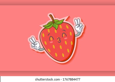 KISS, FLIRTY, SMILING EYE Face Emotion. Double Peace Hand Gesture. Red Strawberry Fruit Cartoon Drawing Mascot Illustration.