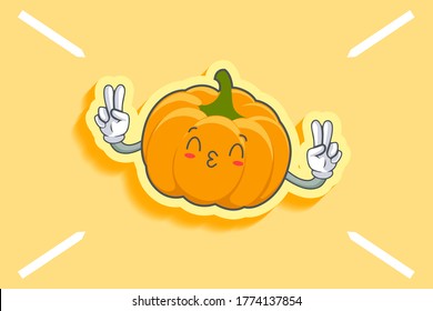 KISS, FLIRTY, SMILING EYE Face Emotion. Double Peace Hand Gesture. Yellow, Orange Pumpkin Fruit Cartoon Drawing Mascot Illustration.