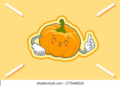 KISS, FLIRTY, SMILING EYE Face Emotion. Forefinger Hand Gesture. Yellow, Orange Pumpkin Fruit Cartoon Drawing Mascot Illustration.