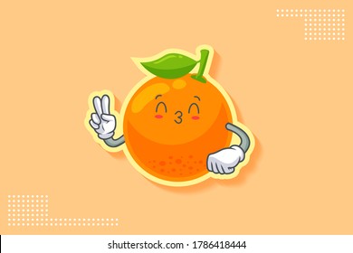 KISS, FLIRTY, SMILING EYE Face Emotion. Peace Hand Gesture. Orange, Citrus Fruit Cartoon Drawing Mascot Illustration.