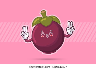 KISS, FLIRTY, SMILING EYE Face Emotion. Double Peace Hand Gesture. Mangosteen Fruit Cartoon Drawing Mascot Illustration.