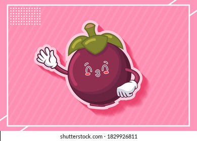 KISS, FLIRTY, SMILING EYE Face Emotion. Waving Hand Gesture. Mangosteen Fruit Cartoon Drawing Mascot Illustration.