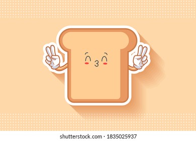 KISS, FLIRTY, SMILING EYE Face Emotion. Double Peace hand Gesture. Bread Food Cartoon Drawing Mascot Illustration.