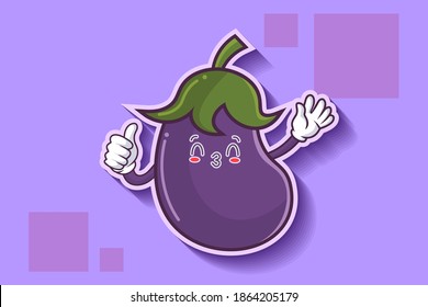 KISS, FLIRTY, SMILING EYE Face Emotion. Thumb Up Finger Hand Gesture. Eggplant vegetable Cartoon Drawing Mascot Illustration.
