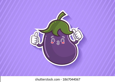 KISS, FLIRTY, SMILING EYE Face Emotion. Double Thumb Up Finger Hand Gesture. Eggplant vegetable Cartoon Drawing Mascot Illustration.