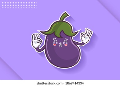 KISS, FLIRTY, SMILING EYE Face Emotion. Double Nice Hand Gesture. Eggplant vegetable Cartoon Drawing Mascot Illustration.