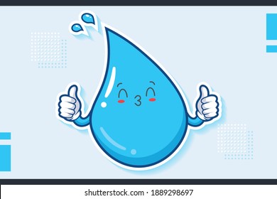 KISS, FLIRTY, SMILING EYE Face Emotion. Double Thumb Up Hand Gesture. Water Drop Cartoon Drawing Mascot Illustration.