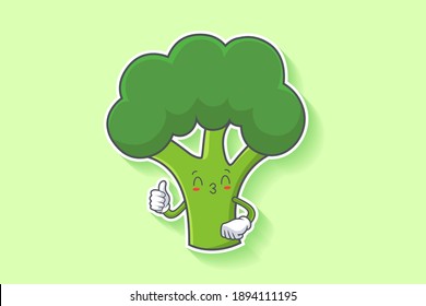 KISS, FLIRTY, SMILING EYE Face Emotion. Thumb Up Finger Hand Gesture. Broccoli Vegetable Cartoon Drawing Mascot Illustration.