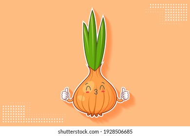 KISS, FLIRTY, SMILING EYE Face Emotion. Double Thumb up Hand Gesture. Onion, Garlic Vegetable Character Cartoon Drawing Mascot Illustration.