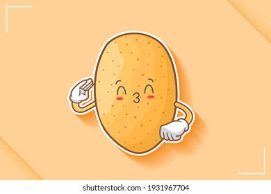 KISS, FLIRTY, SMILING EYE Face Emotion. Salute, Respect Hand Gesture. Potato Vegetable Character Cartoon Drawing Mascot Illustration.