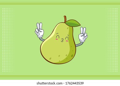 KISS, FLIRTY, SMILING EYEKISS, FLIRTY, SMILING EYE Face Emotion. Double Peace Hand Gesture. Green Pear Fruit Cartoon Drawing Mascot Illustration.