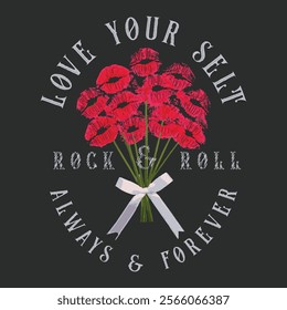 kiss Flowers vector graphics, leopard lips, fashion woman print, girls graphics design for flowers print, Rock Roll slogan text print design, love your self, summer flower t- shirt design,