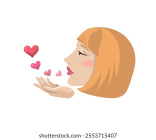 A kiss. The girl blows a kiss in the shape of hearts. A female profile and an open palm. Illustration for Valentine's Day