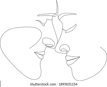 Kiss of a girl and a guy.Portrait minimalistic style. Botanical print. Nature symbol of cosmetics. Modern continuous line art. Fashion print. Beaty salon