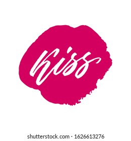 Kiss hand drawn logo. Valentine's day brush calligraphy. Vector isolated typography design element for cards, posters and print. 