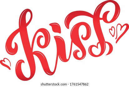 Kiss handwritten text with red hearts. World Kissing Day hand lettering. Modern brush ink calligraphy, Template for card, poster, print. Vector illustration isolated on white background.