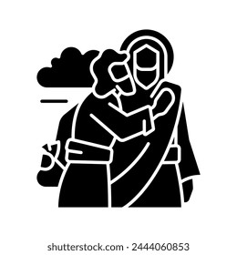 Kiss of Judas black glyph icon. Jesus Christ betrayed by Judas Iscariot. Treacherous disciple. Biblical scene. Silhouette symbol on white space. Solid pictogram. Vector isolated illustration