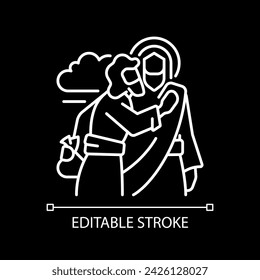 Kiss of Judas white linear icon for dark theme. Jesus Christ betrayed by Judas Iscariot. Treacherous disciple. Biblical scene. Isolated vector illustration. Simple filled line drawing. Editable stroke