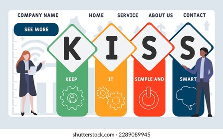 KISS - Einfache und intelligente Akronym, medizinischer Hintergrund. Vektorgrafik-Konzept mit Schlagwörtern und Symbolen. Buchstabengrafik mit Symbolen für Webbanner, Flyer, Landing Page