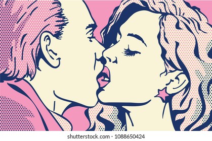 Kiss. Kissing Couple pop art. Man and Woman. Valentines day love.