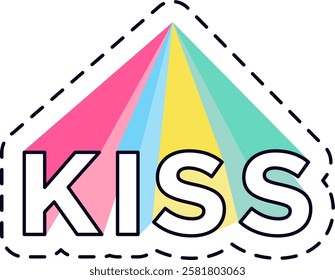 Kiss lettering with colorful light beams forming a triangle shape, a vibrant and playful design for romantic projects or pride events, perfect for adding a touch of love and celebration